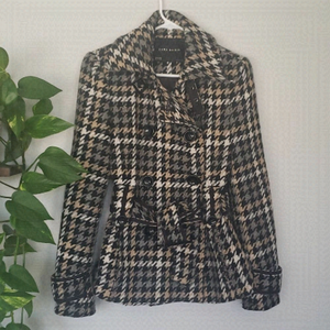 𝅺zara BASIC Houndstooth Wool Blend Coat Jacket with Belt Medium